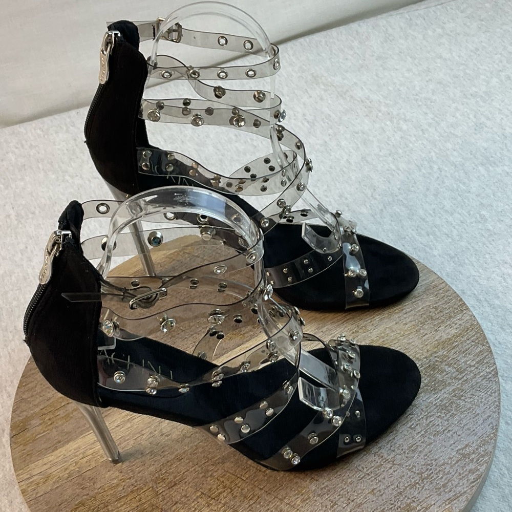 MACKIN J 213-80 BACK ZIP WOMEN’S CLEAR RHINESTONES STRAPS OPEN TOE HIGH HEEL 9